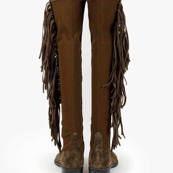 Stuart Weitzman 5050 Mane Fringe Olive Suede Leather OTK Boots - Picture 3 of 11
